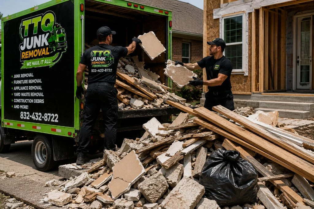 TTQ crew loading drywall, wood, and construction debris