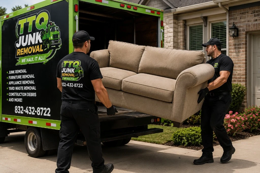 TTQ crew carrying a sofa for furniture removal