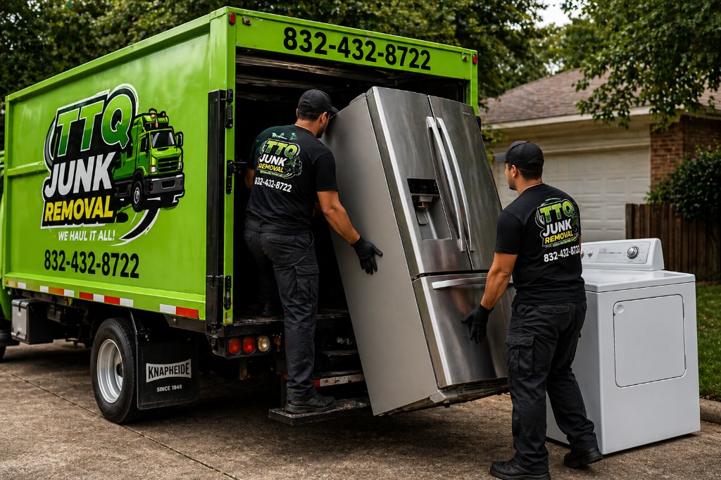 TTQ crew loading refrigerator and appliances into junk removal truck